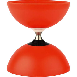 Diabolo Vision Free lumineux de couleur rouge, composé de deux coques en plastique, reliées par un axe en métal au centre. Le haut du diabolo est légèrement plus étroit que le bas, lui conférant une forme en sablier.