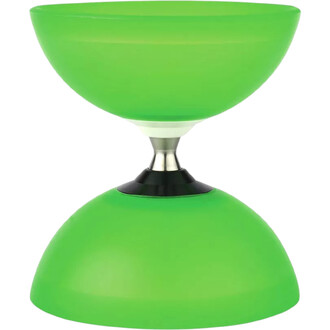 Diabolo lumineux de couleur verte, composé de deux coupelles hémisphériques avec une finition mate, reliées par un axe central en métal. Les coupelles sont de forme arrondie, et l'ensemble est conçu pour la jonglerie.