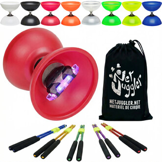 Kit diabolo Vision Free lumineux avec baguettes aluminium anodisées: diabolo rouge lumineux avec LED, sac noir NetJuggler, et baguettes colorées à poignées noires (disponibles en plusieurs couleurs).