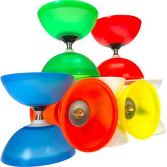 Kit de diabolo Vision Free Lumineux Fluxo, composé de diabolo de différentes couleurs : un bleu, un vert, un rouge, un orange et un jaune. Les diabolo ont des corps de forme conique et sont équipés de roulements en métal pour une rotation fluide. Des lumi