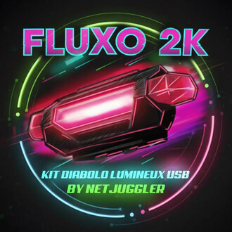 Kit diabolo lumineux Fluxo 2K, avec un fond sombre et des effets lumineux colorés en vert, rose et bleu. Le produit est représenté de manière stylisée, montrant un diabolo avec des détails lumineux et l'inscription Kit Diabolo Lumineux USB en lettres mode