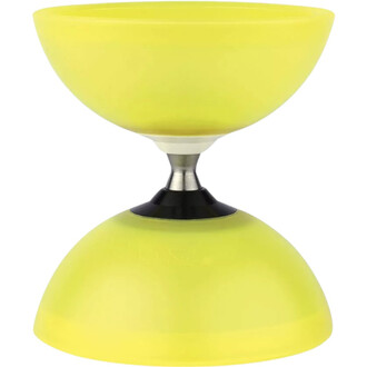 Kit diabolo Vision Free Lumineux Fluxo, diabolo de couleur jaune translucide avec un design épuré, constitué de deux coups en forme de demi-sphères, reliés par un axe central en métal.