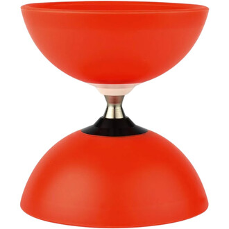Diabolo en plastique rouge avec une structure en métal au centre, conçu pour jonglage. Les deux parties en forme de demi-sphères, l'une à l'envers, sont brillantes et lisses, adaptées pour les performances lumineuses.