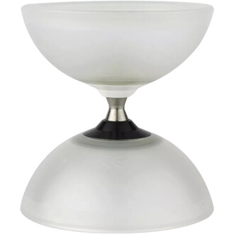 Diabolo Vision Free Lumineux Fluxo, avec deux coques transparentes en plastique, de forme conique et un axe central en métal.