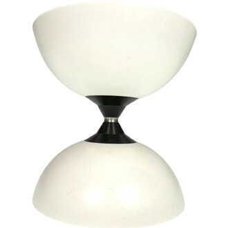 Diabolo Vision Lumineux en position verticale, avec deux coupelles blanches semi-sphériques reliées par un axe central noir, offrant un design moderne et épuré.