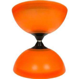 Diabolo lumineux de couleur orange, avec une forme de sablier, présentant deux coupelles semi-sphériques et un axe central en métal.