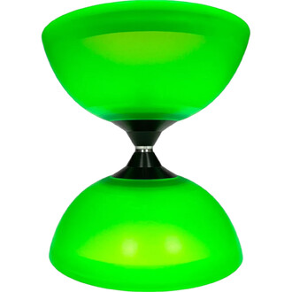 Diabolo lumineux de couleur verte, avec une conception en forme de sablier et un axe central noir. Parfait pour les performances de jonglerie.