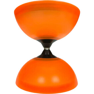 Diabolo lumineux orange avec deux coupelles en plastique translucide et un axe central en métal.