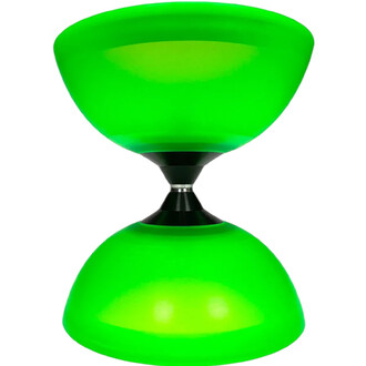 Diabolo Vision Lumineux Fluxo en vert, avec deux coques en forme de demi-sphères et un axe central noir. Légèrement translucide, le diabolo émet une lumière verte éclatante, idéal pour les performances nocturnes.
