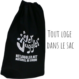 Sac noir en tissu avec le logo NetJuggler en blanc, accompagné du texte Tout loge dans le sac. Le sac est conçu pour contenir le kit Hurricane et ses accessoires.