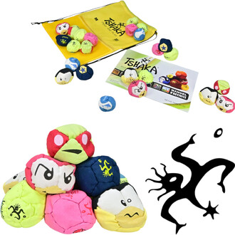 Kit pédagogique 24 TSHAKA comprenant un sac jaune, des balles colorées avec des visages et expressions variés, ainsi qu'un manuel d'activité présentant le jeu. Les balles sont empilées pour illustrer le produit.