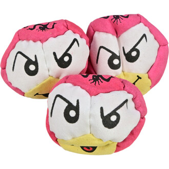 Trois balles de jonglerie de couleur rose, avec des visages amusants affichant des yeux en forme de cible et une expression malicieuse. Chaque balle est ornée de détails en noir et d'un nez jaune. Ces balles font partie du kit pédagogique 24 TSHAKA, accom