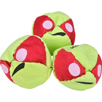 Kit pédagogique de jonglerie composé de 24 balles TSHAKA en forme de visage souriant, avec un corps vert et des taches rouges. Les balles sont idéales pour l'apprentissage et la pratique de la jonglerie.