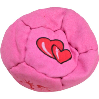 Boule de jonglerie en forme de TSHAKA, de couleur rose, portant un motif de deux cœurs rouges.