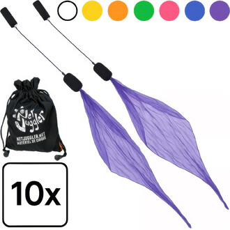 Kit de 10 bolas foulards comprenant deux foulards violets attachés à des poignées noires, avec un sac de rangement noir marqué NetJuggler. La photo présente également des cercles colorés en orange, vert, jaune, rose et bleu disposés en haut de l'image.
