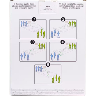 Instructions de jeu pour le Kubb - Échecs Vikings, illustrant cinq étapes du jeu. Chaque étape montre des personnages en bleu et en vert, des Kubb et un roi sur un terrain de jeu. Des flèches indiquent les mouvements possibles et les actions à réaliser.