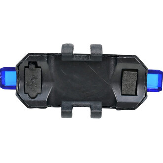 Bloc LED pour Fluxo 2K, vue de dessus, mettant en évidence la partie noire avec des éléments en plastique bleu. La conception inclut des attaches et une zone pour la connexion.