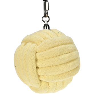 Large Monkey Fist Rope Dart avec une boule de couleur jaune enroulée en corde, suspendue par un clip en métal.