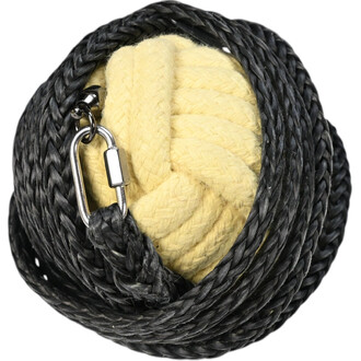 Boule de jonglerie en corde, de couleur jaune, entourée de cordes noires, avec un mousqueton en métal.