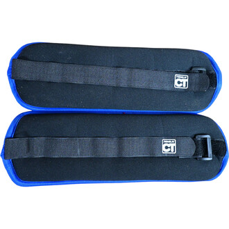 Leste chevilles et poignets présentés en noir avec une bordure bleue, comportant des sangles en velcro pour un ajustement sécurisé. Ils sont empilés l'un sur l'autre.