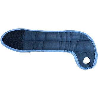 Leste Poignet, accessoire de jonglerie offrant un soutien pour le poignet, avec une forme allongée et une surface rembourrée en tissu bleu. Il présente une partie en velcro à une extrémité et un trou pour faciliter sa fixation.