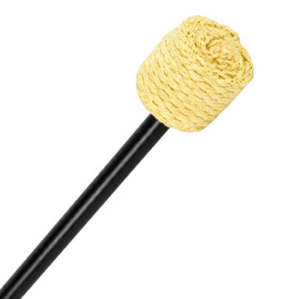Gros plan sur l'extrémité d'un levistick de feu Threeworlds avec une mèche en kevlar jaune tissée et une tige noire.