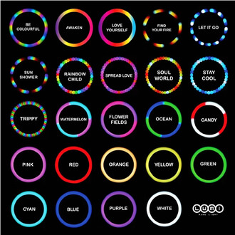 Image présentant le Levistick Lumi Pro LED, affichant une mosaïque de motifs colorés avec différentes inscriptions comme BE COLOURFUL, AWAKEN, et LOVE YOURSELF. Chaque motif est encadré dans un cercle lumineux, sur un fond noir. Des couleurs variées sont