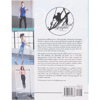 Couverture arrière du livre Aerial Physique FIT par Jill Franklin : collage vertical de trois photos d’entraînement à gauche (personne avec haltères, femme en mouvement près d’une fenêtre, femme sur une barre) et au centre-droit le logo rond « Aerial Phys
