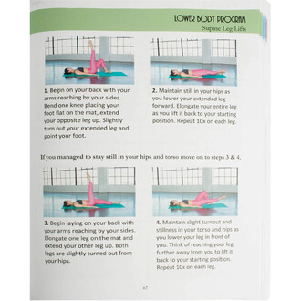 Page du livre Aerial Physique FIT par Jill Franklin montrant le programme Lower Body – Supine Leg Lifts: quatre photos d’une femme en leggings roses sur un tapis effectuant des levées de jambe et des mouvements des hanches et du tronc, étapes 1 à 4.