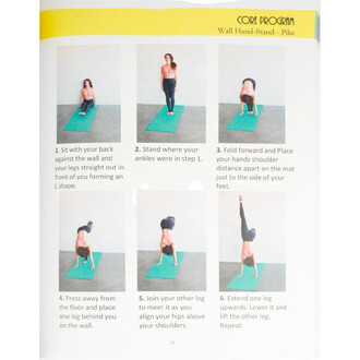 Livre Aerial Physique FIT par Jill Franklin — séquence illustrée en six images montrant une femme sur un tapis vert contre le mur réalisant un wall hand-stand Pike: 1 assise dos au mur, jambes étendues devant en forme de L; 2 debout à l’emplacement des ch
