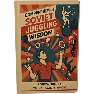 Couverture rétro de livre au style propagande soviétique: Compendium of Soviet Juggling Wisdom, illustration de jongleurs et d’anneaux autour d’un homme qui jongle, fond rayonnant orange et bleu, texte Foreword by YURII POZDNYAKOV en bas.