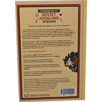 Dos de livre/beige avec cadre orange, titre « Compendium of Soviet Juggling Wisdom » et paragraphe descriptif, illustration stylisée de deux jongleurs et d’une silhouette urbaine en bas à droite, code-barres en bas à droite.