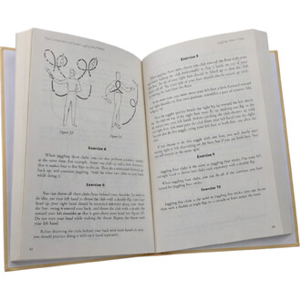 Livre ouvert intitulé Compendium of Soviet Juggling Wisdom, montrant des dessins techniques de jonglage sur la page de gauche (figures 53 et 54) et du texte explicatif avec des exercices sur la page de droite.