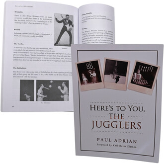 Couverture du livre Here's to You, The Jugglers par Paul Adrian, avec trois photos façon Polaroid et le titre; pages intérieures en noir et blanc présentant des descriptions de différents jongleurs (Brunetto, Russel, The Swifts, The Balladinis).