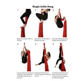 Extrait du livre Intermediate Guide to Aerial Silk montrant les six étapes de l’exercice Single Ankle Hang sur une soie rouge, avec une athlète en noir effectuant les positions.