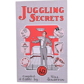 Livre Juggling Secrets avec un design rétro. La couverture montre un jongleur en costume, mettant en scène diverses techniques de jonglage, entouré d'illustrations de plusieurs objets de jonglage comme des assiettes, des balles et des verres. Le titre est