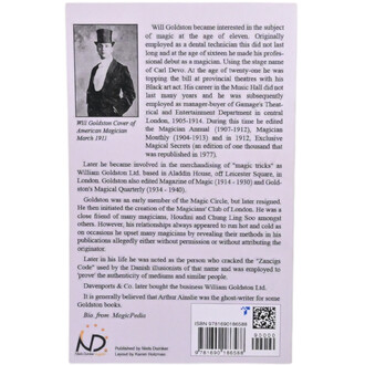 Image du dos de la couverture du livre Juggling Secrets de Will Goldston, présentant une biographie et des informations sur sa carrière en magie. On y voit également le code ISBN et la mise en page réalisée par Karen Holzman.