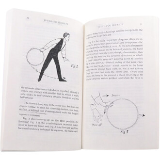 Livre ouvert intitulé Juggling Secrets, présentant des illustrations et du texte explicatif sur les techniques de jonglage. La page de gauche montre une figure stylisée d'un jongleur tenant un cerceau, tandis que la page de droite explique les mouvements 