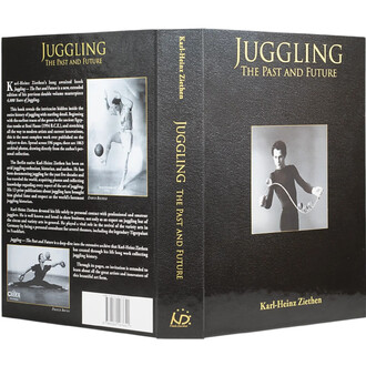 Couverture du livre Juggling – The Past and Future, couverture noire texturée avec lettrage doré et une photo noir et blanc d’un jongleur sur le devant; dos et tranche dorés.