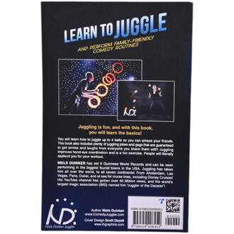 Livre Learn to Juggle de Niels Duinker, montrant la couverture avec un guide illustré sur le jonglage, des cercles colorés en mouvement et des étoiles en arrière-plan. Texte promotionnel indiquant les compétences de jonglage à apprendre et le style comiqu