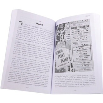 Page du livre My Life as a Juggler de Bobby Jule, montrant le texte en français sur Madrid, avec une illustration en noir et blanc sur la droite représentant une affiche de cirque pour Damaso Perez Prado.
