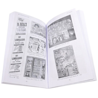 Livre ouvert avec des pages contenant des affiches anciennes de spectacles et de divertissements, incluant des publicités pour Guy Lombardo et d'autres artistes, ainsi que des images du Olympus Theatre à Miami, illustrant l'histoire de la jonglerie et du 