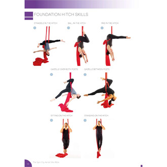 Page du livre The Spin City Aerial Silks Bible montrant un collage de poses Foundation Hitch Skills sur tissu rouge: Straddle in the Hitch, Ball in the Hitch, Pike in the Hitch, Gazelle over both posts, Gazelle between posts, Sitting on the Hitch et Stand