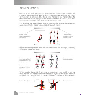 Page BONUS MOVES du livre The Spin City Aerial Silks Bible montrant du texte descriptif et des diagrammes de mouvements sur soie, avec des silhouettes rouges et des marqueurs de chapitre indiquant les séquences à suivre.