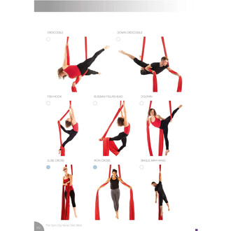 Page 302 du livre The Spin City Aerial Silks Bible montrant plusieurs poses aériennes suspendues sur des rideaux rouges, avec les noms des figures.