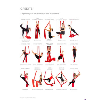 Page de crédits du livre The Spin City Aerial Silks Bible montrant un collage de danseurs aériens suspendus à des tissus rouges.