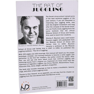 Dos du livre The Art of Juggling en noir et blanc: portrait de Nikolay E. Bauman à gauche et bloc de texte descriptif à droite; en bas, logo Niels Duinker et code-barres ISBN.