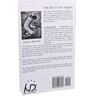 Dos du livre The Art of the Juggler, incluant un texte explicatif sur l'histoire de la jonglerie et du musée, avec une image d'Enrico Rastelli en action.