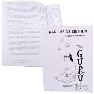 Livre The Guru of Juggling de Karl-Heinz Ziethen, avec une illustration sur la couverture d'un personnage assis en position de méditation, entouré de trois balles de jonglage. À l'arrière-plan, une page ouverte du livre affiche du texte.