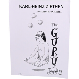 Couverture du livre The Guru of Juggling illustrée avec un personnage assis en position méditative, portant des lunettes de soleil, tandis que trois balles de jonglage sont en l'air au-dessus de lui. Le titre est affiché en lettres stylisées, avec les mot